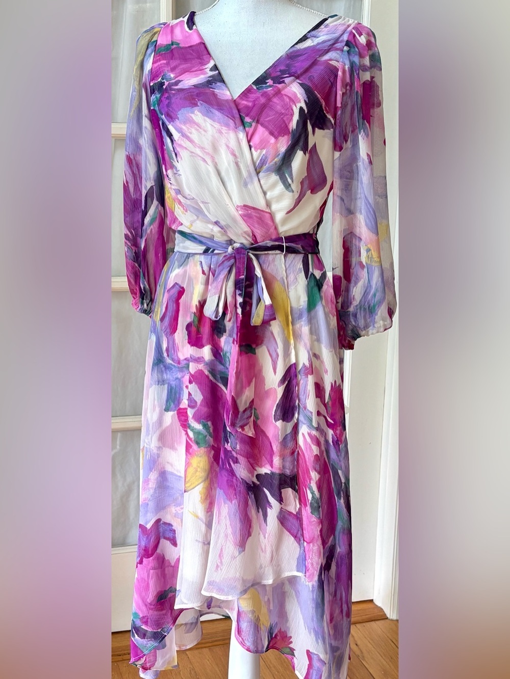 DKNY Watercolor Floral Chiffon Midi Dress Asymmetrical Hem US 8